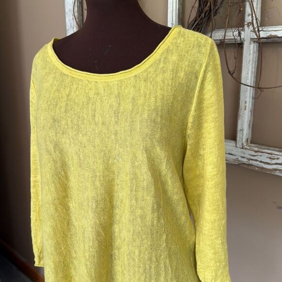 Eileen Fisher yellow linen three quarter sleeve blouse top large scoop neck mini - Picture 2 of 9